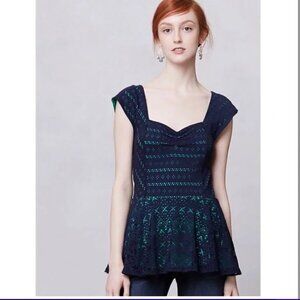 Anthropologie Postmark Swing Lace Peplum Top Navy/Green Size Large
